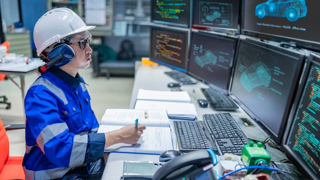 Asian engineer working at Operating hallThailand people wear helmet workHe worked with diligence and patienceshe checked the valve regulator at the hydrogen tank