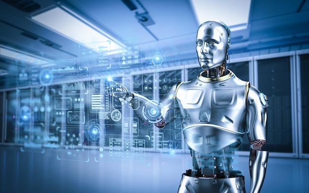 Automaatiopalvelin 3D-renderöintiavustajarobotin tai tekoälyrobotin kanssa, jossa on graafinen näyttö