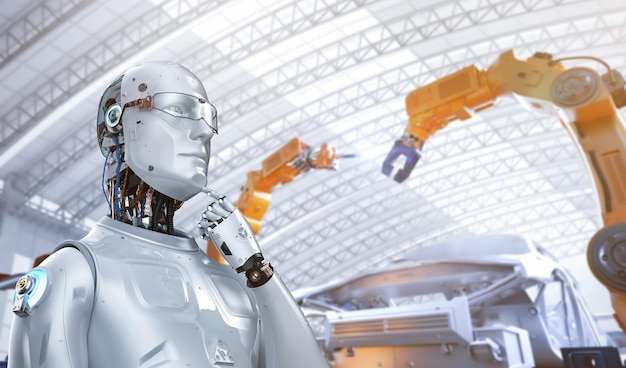 Automaatiotehdas 3D-renderöidyllä robotin ohjausrobottivarrella tehtaassa
