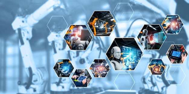 Automated AI industry robot and robotic arms assembly in factory production NLP