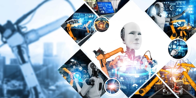 Automated ai industry robot and robotic arms assembly in factory production nlp