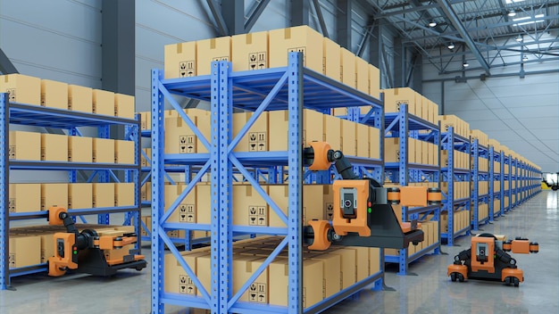 automated warehouse agv robots with delivering.3d rendering