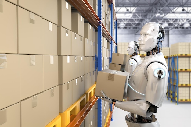 automatic warehouse concept with 3d rendering automation robot work in warehouse