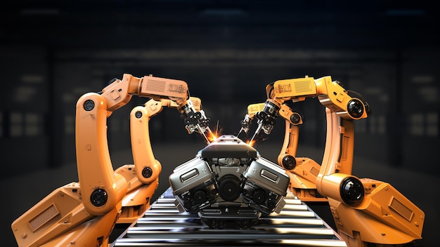 automation automobile factory concept with 3d rendering robot assembly line with car engine or machine in factory