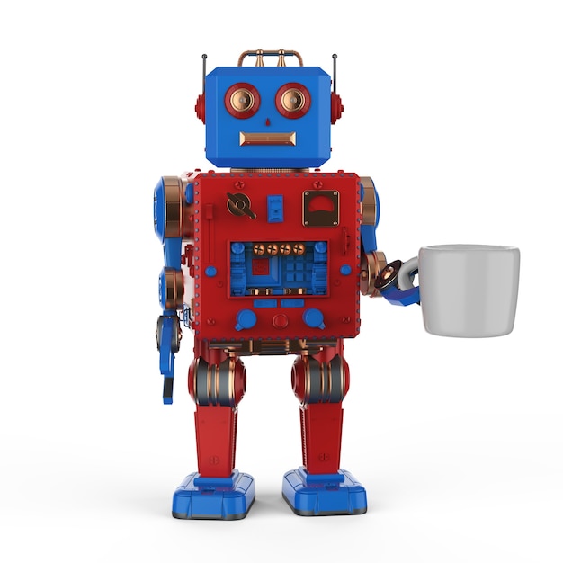 automation coffee machine concept with 3d rendering robot tin toy with mug on white background