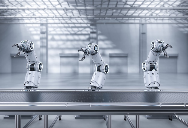 Automation industry concept with 3d rendering robot assembly line in  factory