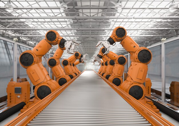 automation industry concept with 3d rendering robot assembly line in  factory
