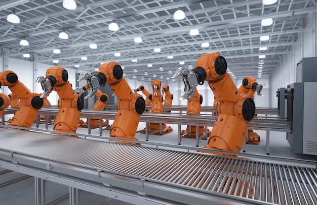 Automation industry concept with 3d rendering robot assembly line in  factory