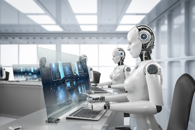 automation worker concept with 3d rendering group of female cyborgs working in office