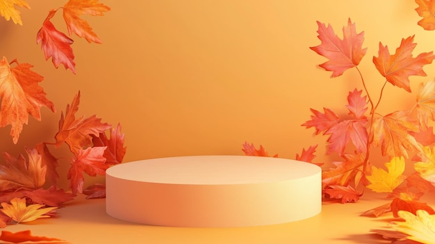 autumn ambiance with colorful leaves surrounding a smooth display pedestal on a warmtoned background for seasonal decor