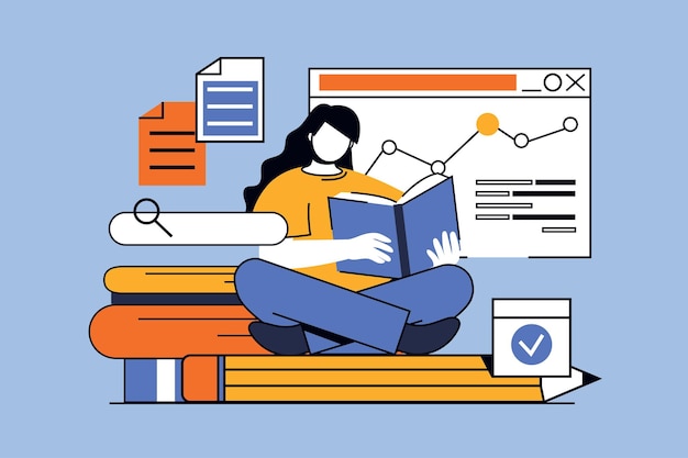 back to school concept with people scene in flat design for web student reads books makes homework with textbook preparing to exam vector illustration for social media banner marketing material