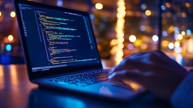 Back view of a programmer working on code in a home office at night Software development and coding environment in a cozy space with warm lighting