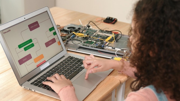 Back view of smart american girl coding engineering prompt at class pedagogy