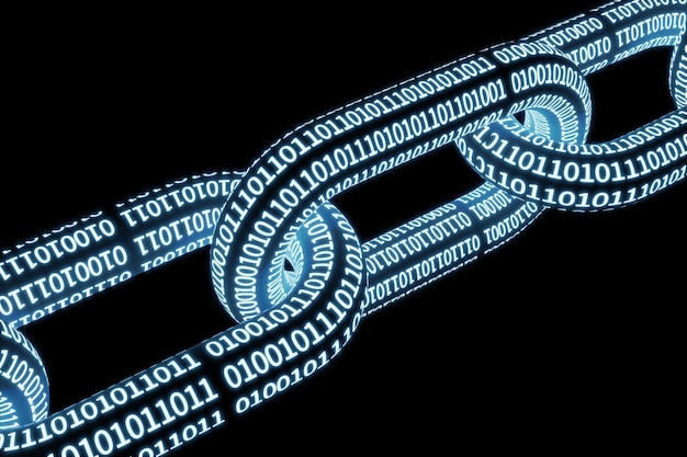 Background of the chain form of the blockchain concept expressed in digital binary 3d rendering