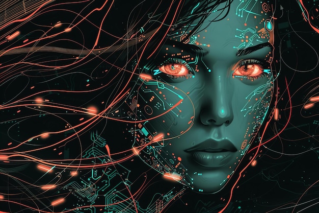 beautiful woman with glowing eyes and dark hair made of circuit boards graphic design art for tshirt