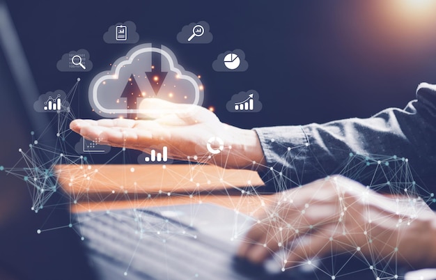 big data analytics and business intelligence concept with chart and graph icons on a digital screen interface and a businessman in background
