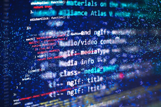 Big data storage and cloud computing representation. Template of website, selective focus. Data processing center. Data optimization. Computer interface.