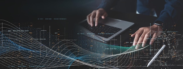 Big data storage cloud computing digital technology computer software development concept Coding programmer working laptop with bigdata internet network and smart city