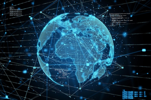Big data telecommunication and technological background concept with digital world map layout with lots of intersecting lines and coding fragments 3D rendering