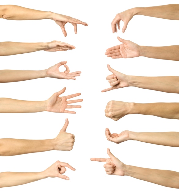 Big set of getures of female caucasian hand gestures with french manicure