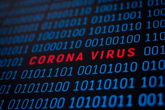 Binäärikoodi, jonka keskellä on kirjoitus coronavirus. Käsitteet: data, informaatio