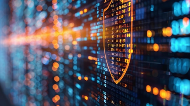 Binary code shield deflecting cyber threats