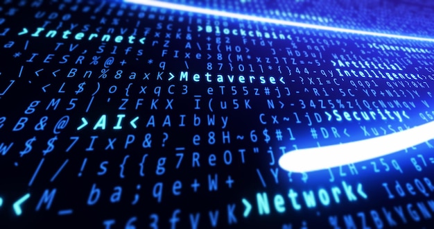 binary code with artificial intelligence block chain internet metaverse network and security text highlighting and light lines connecting