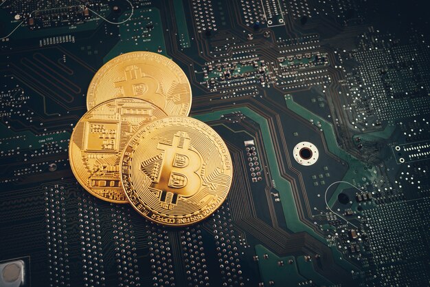 Bit coins on the background of a computer microcircuit