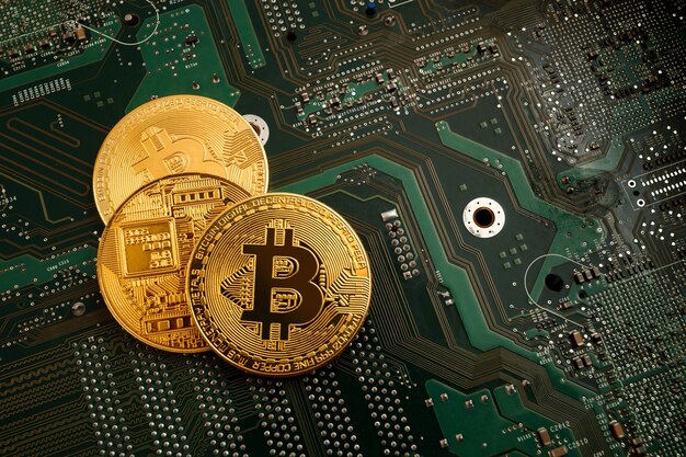 bit coins on the background of a computer microcircuit