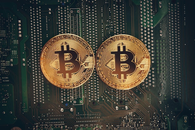 Bit coins on the background of a computer microcircuit