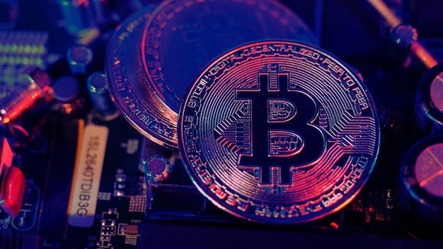 Bitcoin ja puolijohde. Kryptovaluutan louhinta aiheuttaa ilmaston lämpenemistä. Bitcoin-kolikko CPU-kortilla. Lähikuva bitcoinista sinisellä ja vaaleanpunaisella valolla. Piirilevy ja kolikko. Online-omaisuuden konsepti.