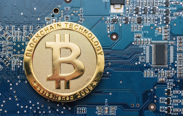Bitcoin on a Mother board - cryptocurrency concept image