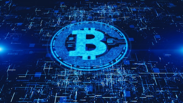 Bitcoin-valuuttamerkki digitaalisessa kyberavaruudessa, liiketoiminta- ja teknologiakonsepti.