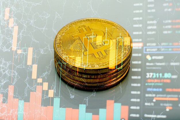 Bitcoins coins isolated on motherboard background. Crypto currency, bitcoin. BTC, Bit Coin. Blockchain technology, bitcoin mining.