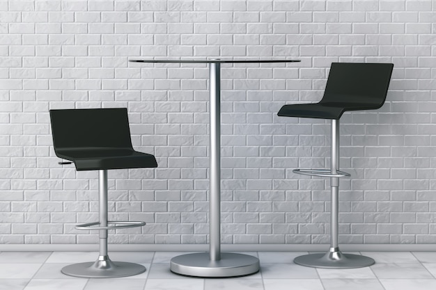 Black Bar Vintage Stools with Table in front of Brick Wall. 3d Rendering