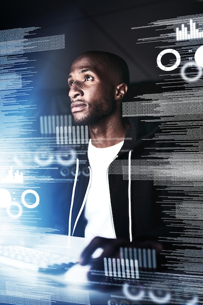 Black man overlay and computer as hacker on fraud or cloning for credit card information and data Coding cyber crime and cybersecurity in internet or online banking and install virus for system