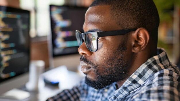 Black man web designer or programmer for coding software development and fixing glitch on system in office Person cloud computing and cyber security with computer for data password protection