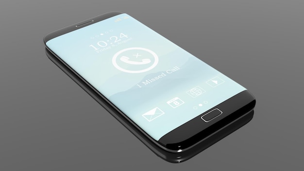 black smartphone edge with missed call notification on screen isolated on black
