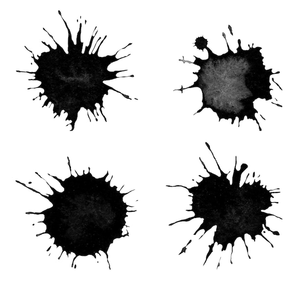 Black watercolor painted stains set Set of watercolor black blobs isolated on white background