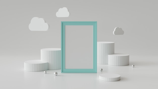 blank picture frame with cylinder podium. abstract geometric background for display or mockup. 