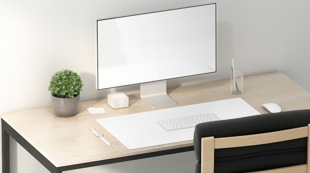 Blank white display and desk mat for mouse and keyboard , 3d rendering. Empty work-table with computer screen and carpet for keypad side view. Clear accessory for internet user