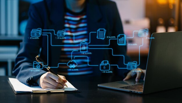 blockchain financial technology to secure cryptocurrencies for online payment and digital transaction fintech concept man working on laptop computer smartphone and tablet with virtual icon diagramxa