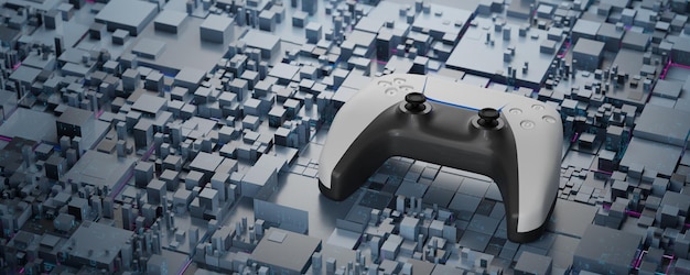 Blockchain game concept Game joystick on a technological background Blockchain game concept Gamepad on dark background and blank space for design 3d render