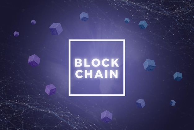 blockchain network illustration with text in frame and blocks around network threads in background