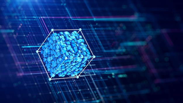 Blockchain technology concept Small cubes gathered inside a large box on a dark blue background