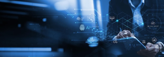 Blockchain technology data encryption Businessman using digital tablet with AI blockchain technology and data science cloud computing database management innovative technology background