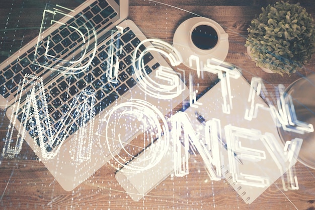 blockchain theme hologram drawings over computer on the desktop background top view double exposure