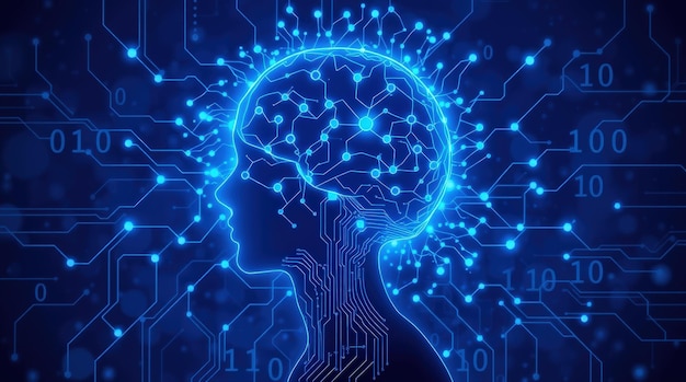 blue cyber brain surrounded by floating digital particles