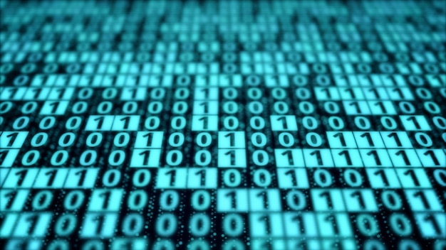 Blue digital binary code matrix on computer monitor display screen, pattern of bit data block processing, modern cyber security coding technology concept background