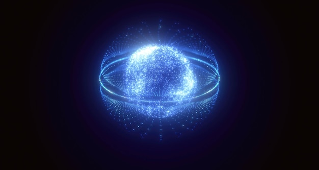 Blue energy magic circle sphere ball of futuristic waves and lines of particles of atom energy